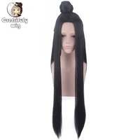 anime ancient costume long straight black cosplay wig with bun heat resistant synthetic hair play wigs wig cap
