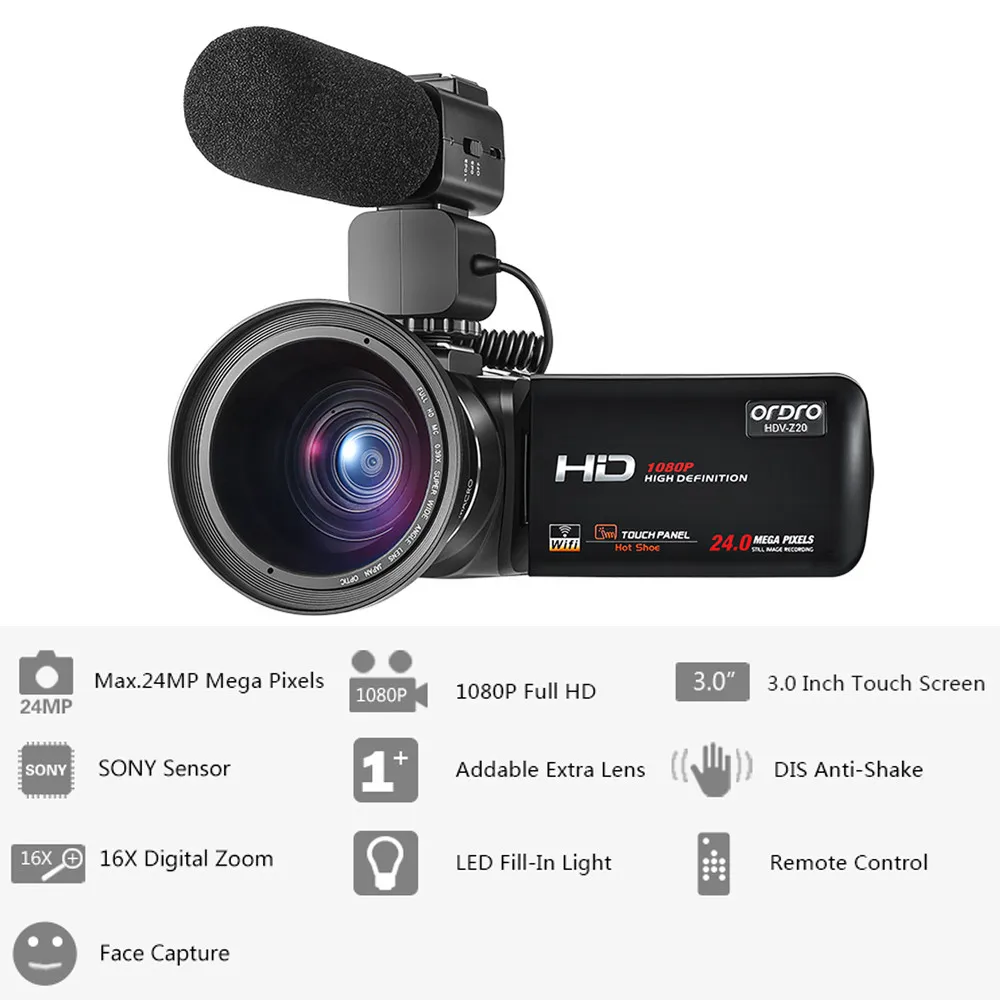 Видеокамеры Ordro Φ 1080p 30fps FHD видеокамеры с внешним микрофоном и широкоугольным