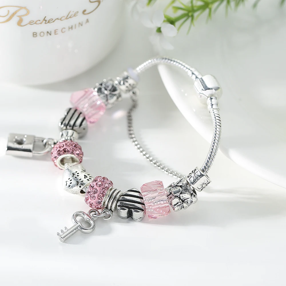 MISSITA Романтическая любовь серебро Цвет DIY браслет с подвесками Love Heart ключ и замок бренд браслет для Для женщин, ювелирное изделие, подарок