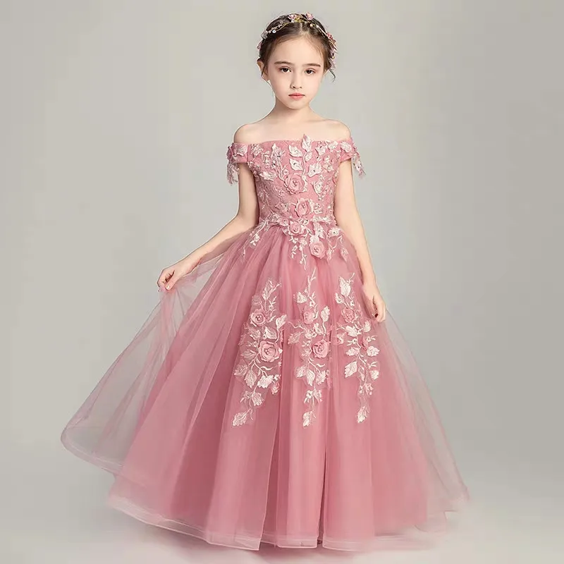 

Children Girls Luxury Shoulderless Appliques Flowers Birthday Wedding Party Princess Dress Teens Kids Elegant Piano Costume Wear