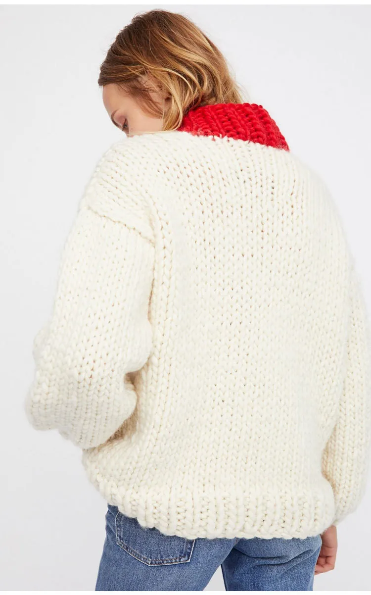 2019 autumn and winter new fashion pure hand-woven peach heart color thick needle lantern sleeve sweater | Женская одежда