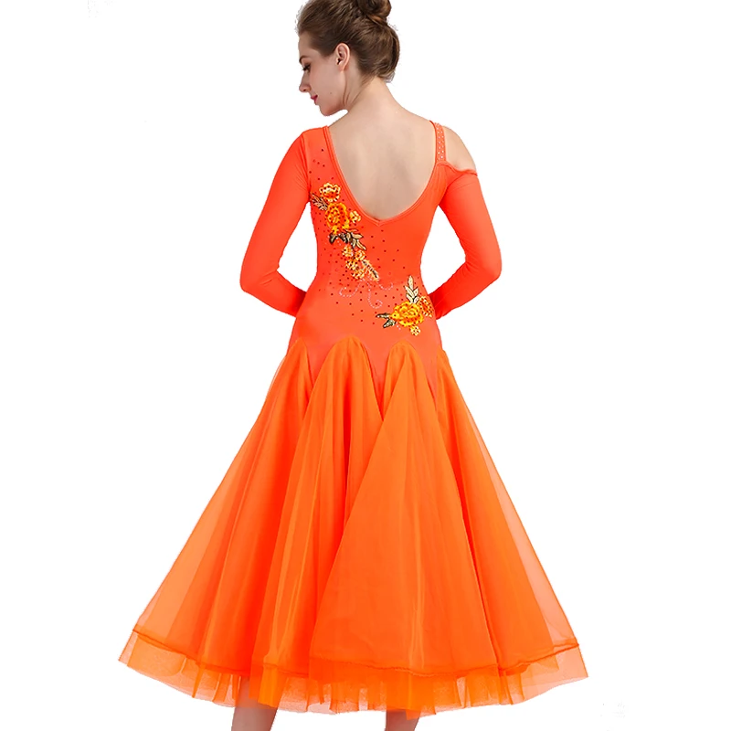 

Ballroom Competition Dance Dresses Women 2021 New Long Sleeve Elegant Flamenco Dancing Costume Orange Standard Ballroom Dress