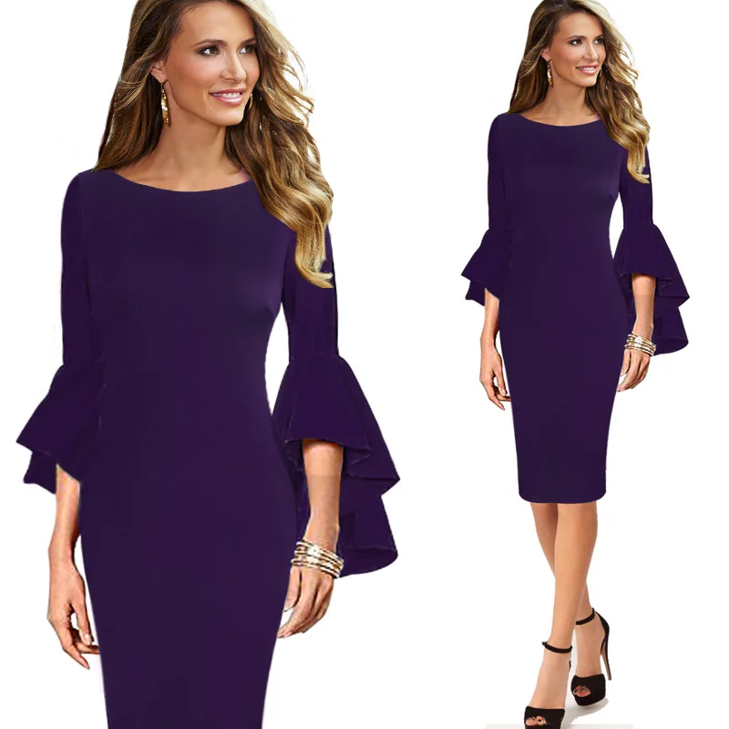 Purple Vfemage женское осеннее Элегантное Длинное расклешенное модное винтажное вечернее коктейльное облегающее платье-футляр с расклешенными рукавами 1703 - Цвет: Purple