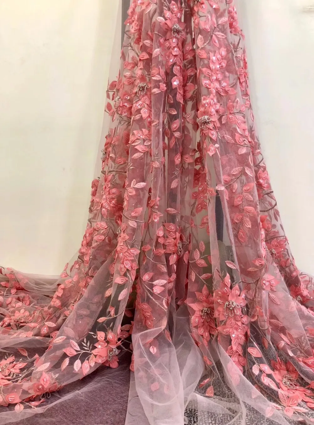 

lace fabric Christmas dress August new 5yards/bag JH24# Red branch plus bead 3D leaves for bridal wedding dress/sawing