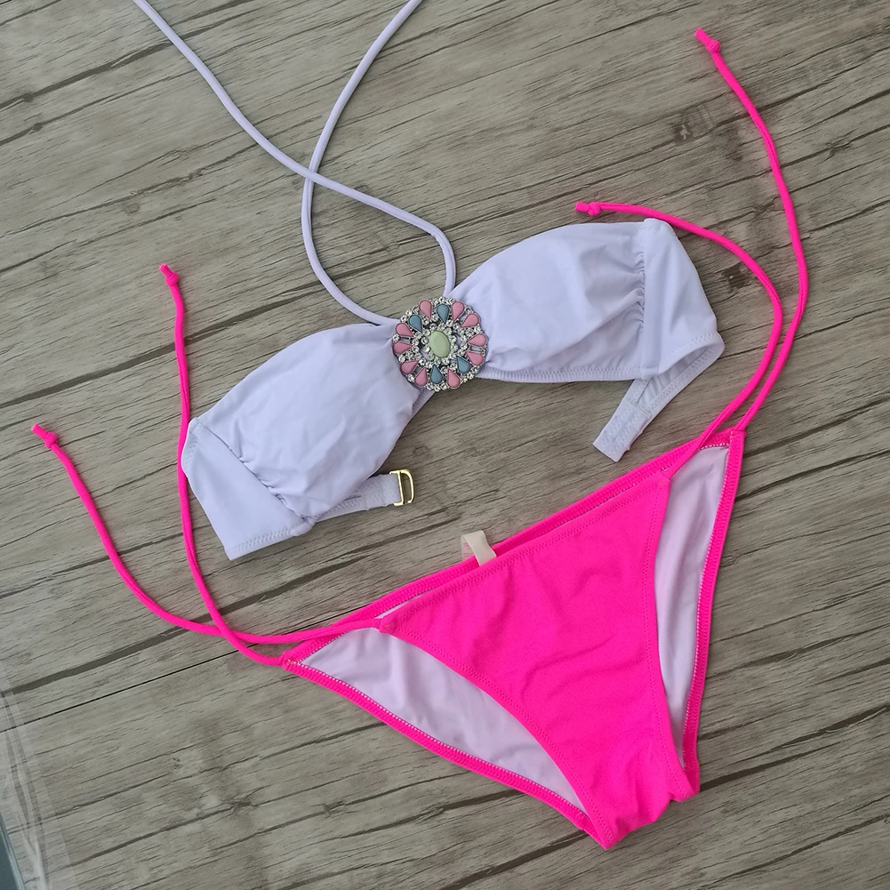 Женский дизайнерский купальник бикини с кристаллами и стразами белый купальный