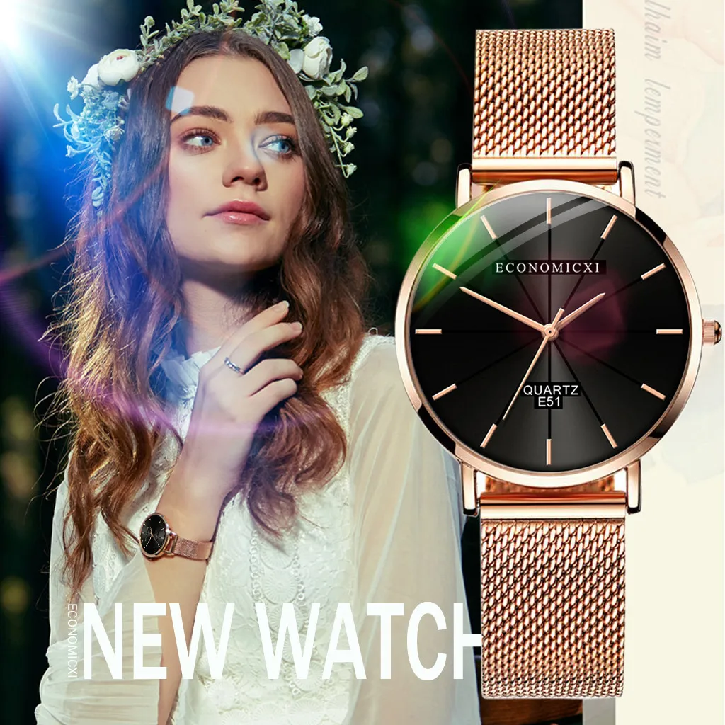 Фото 2019 Лидер продаж модные женские часы сетчатые уникальные Простые повседневные