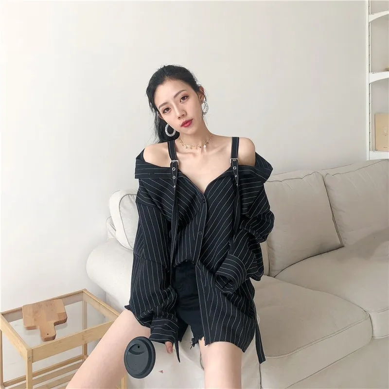 Женские черные рубашки в Вертикальную Полоску с открытыми плечами свободные