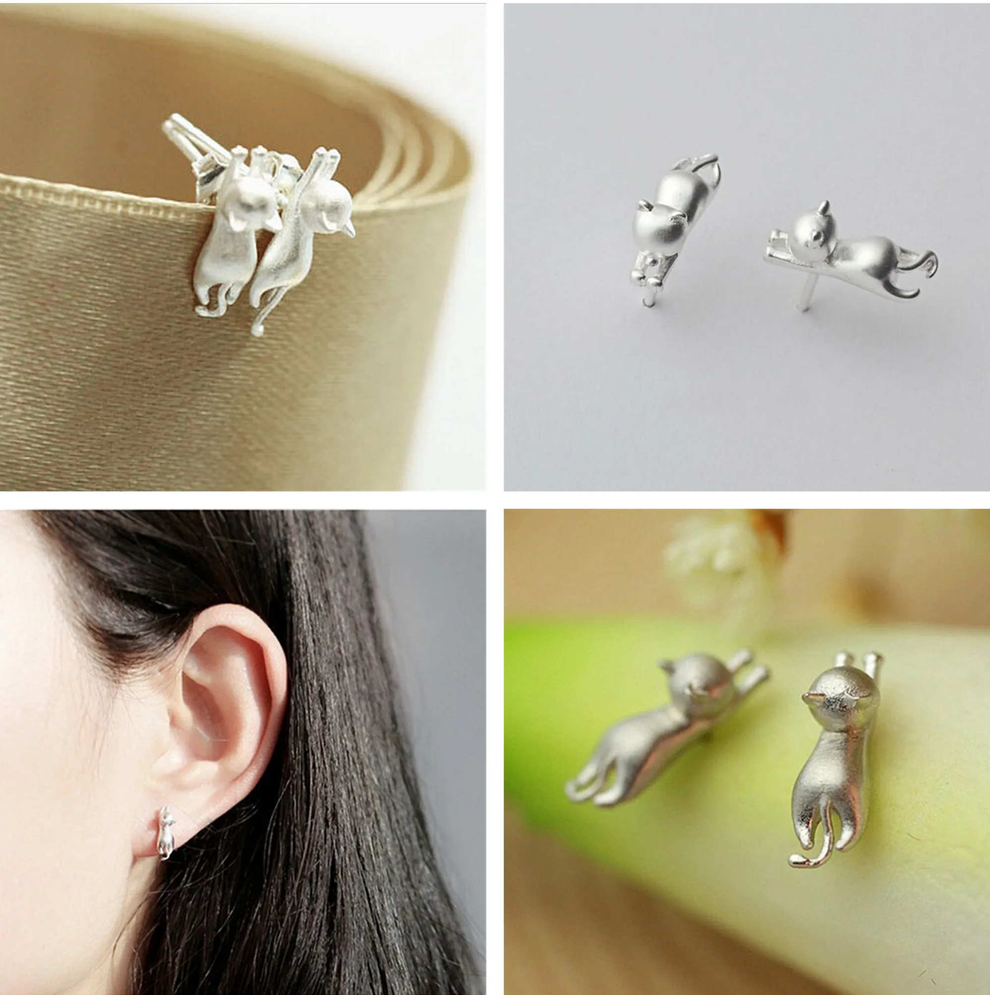 1 пара милые шпильки с кошачьими ушками модные мини серебряные цвета 925 пробы