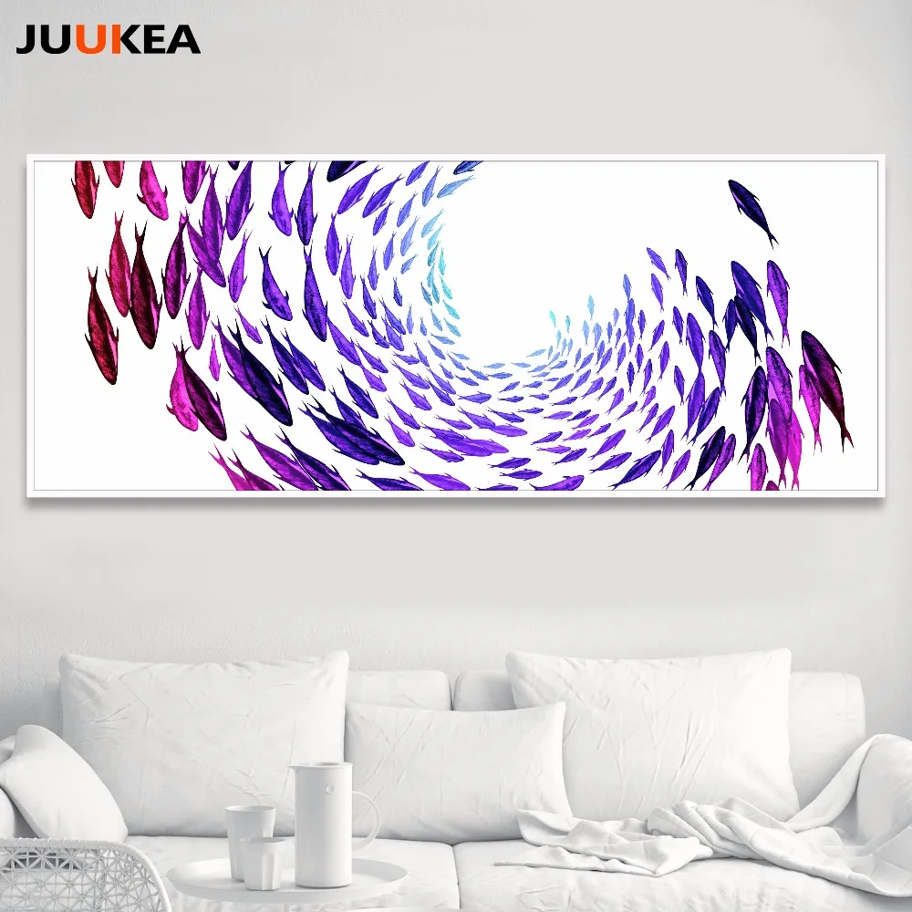 Современные северных фиолетовый косяки рыбы Печать холст живопись Домашний