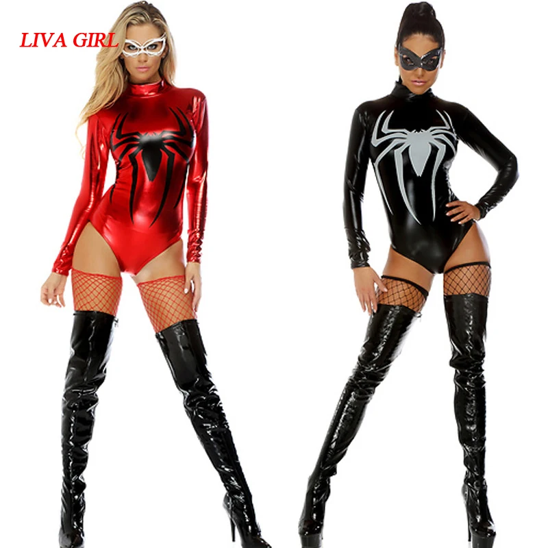 Женские костюмы паука комикс черно-белый комбинезон паук косплей Zentai Spiderwoman костюм Venom Spider Девушка Боди