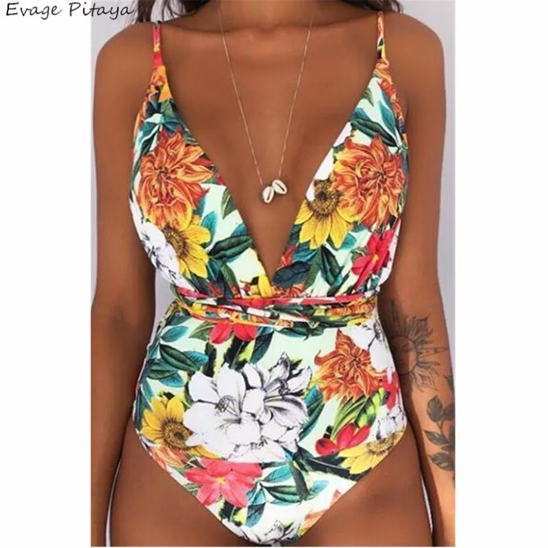 Купальный костюм женщины цельный купальник maillot de bain femme спинки Высокая повязка на ногу с v-образным вырезом цветочный купальный костюм женские
