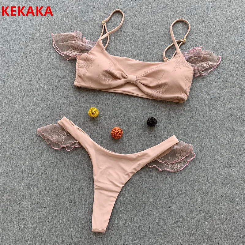 Женские бикини с кружевным подолом KEKAKA откровенный купальник телесного розового