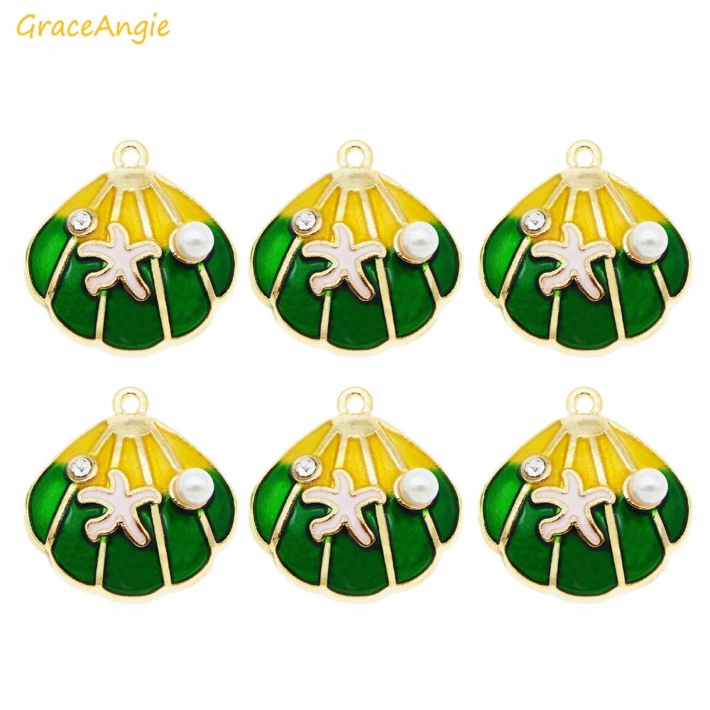6pcs Enamel Gold Tone Shell shape Artificial Pearl Charms pendant Pink Green For necklace Bracelet Jewelry Making DIY Accessory | Украшения