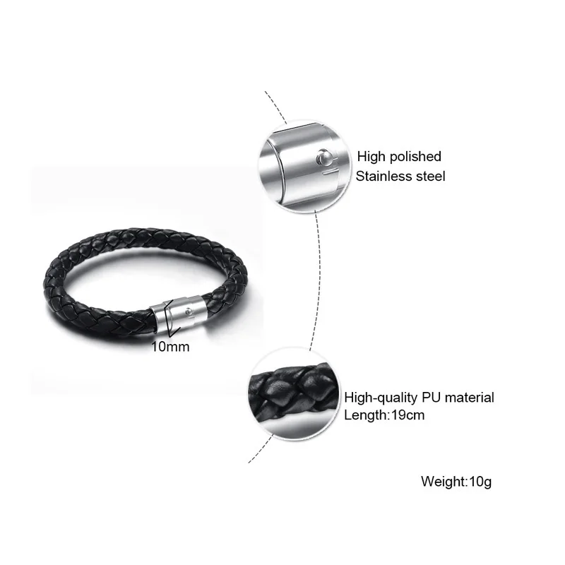 Vnox Classic Black Braided Leather Bracelet for Men Male Jewelry with Stainless Steel Clasp | Украшения и аксессуары