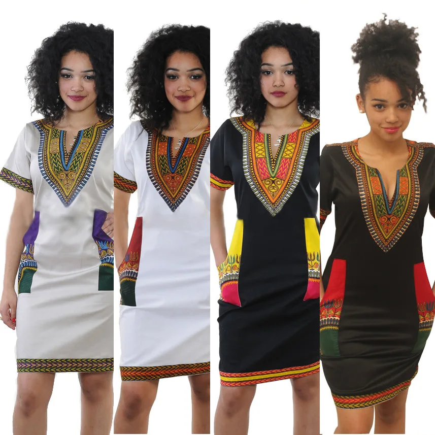 

Africa National Style Print Dress Woman Summer Retro Short Sleeve Dashiki Riche Bazin S-3XL V-neck African Clothing for Women