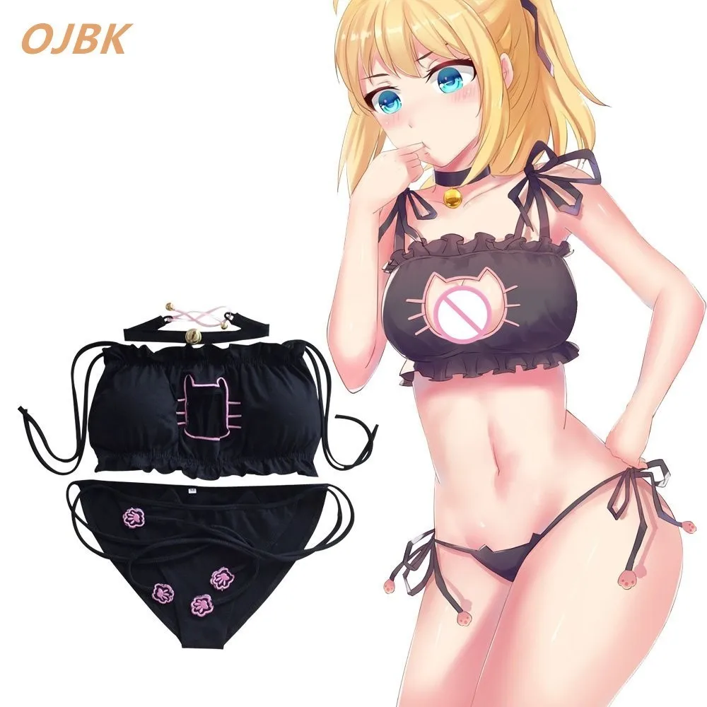 OJBK женский косплей комплект нижнего белья перфорация вышивка прекрасное нижнее белье костюм котенок Замочная скважина милый сексуальный наряд