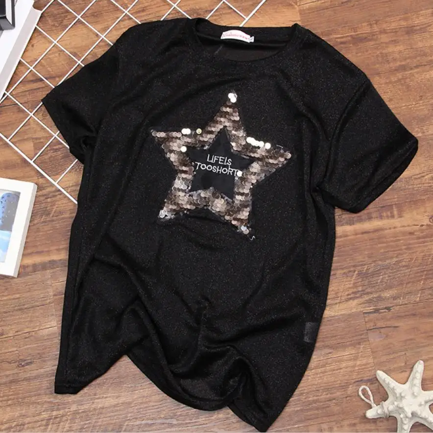 

Short-sleeved t-shirt women 2022 new summer sequins ice silk o-neck loose top tees