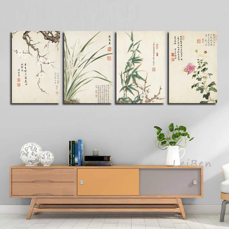 Винтажный художественный китайский стиль Meilan Bamboo и плакат с надписями, печать на холсте для дома, картина, украшение на стену, на заказ