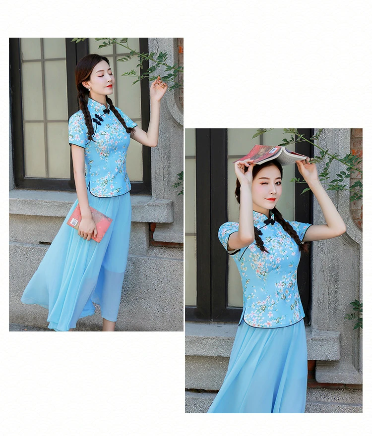 Sheng Coco 3XL 4XL вишневые рубашки Cheongsam блузка желтый цветочный принт Элегантные классические женские топы Ципао китайский стиль