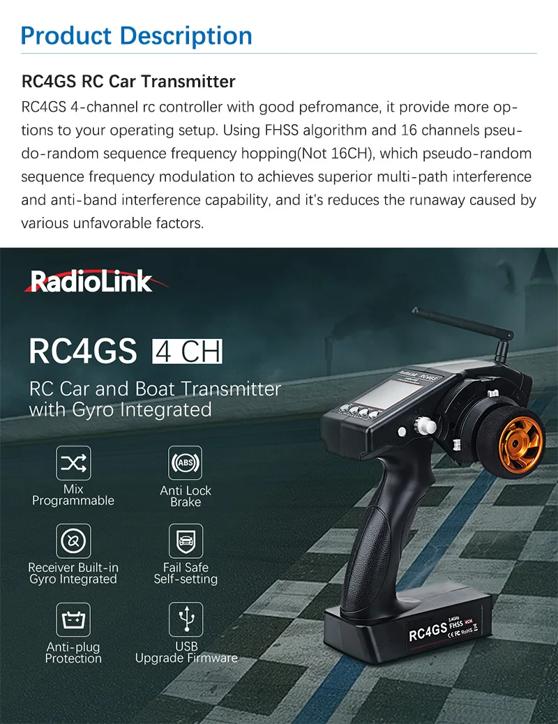 Radiolink RC4GS 2,4 ГГц 4CH емкостно-резистивный передатчик и приемник R6FG гироскопа радио пульт дистанционного управления для автомобиля лодка