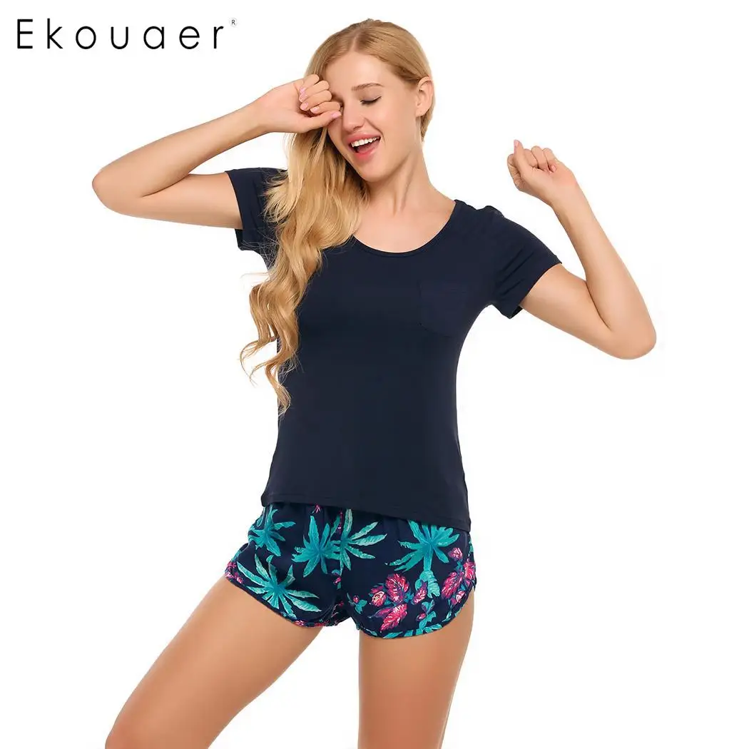 Ekouaer/женские пижамные комплекты из 100% хлопка пижамы с коротким рукавом и круглым