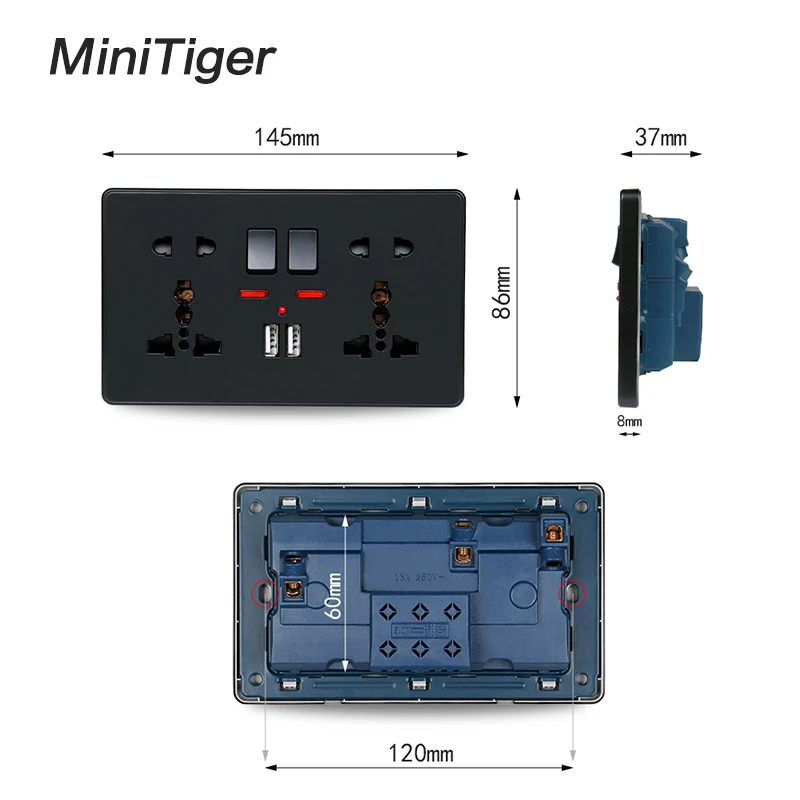 Настенная розетка Minitiger двойная универсальная с 5 отверстиями неоновым 2 1a