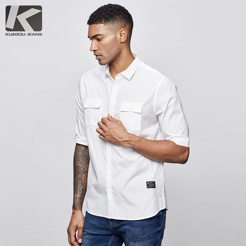 Мужская рубашка KUEGOU белая Повседневная Облегающая в полоску из 100% хлопка