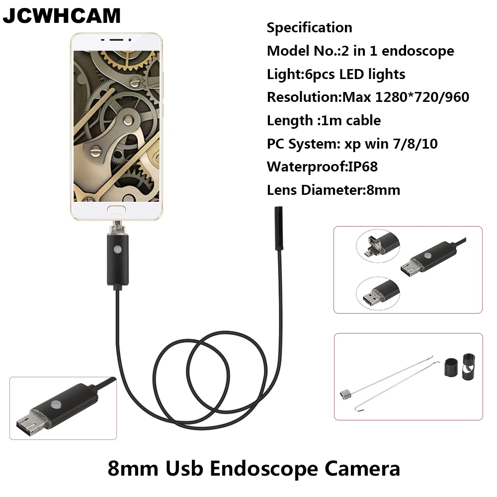 JCWHCAM 8 мм Hd 720P USB Android эндоскоп 1 м кабель OTG ПК мини камера для осмотра iWaterproof 2 в