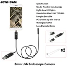 JCWHCAM 8 мм Hd 720P USB Android эндоскоп 1 м кабель OTG ПК эндоскоп мини-эндоскоп камера для осмотра iWaterproof 2 в 1 камера