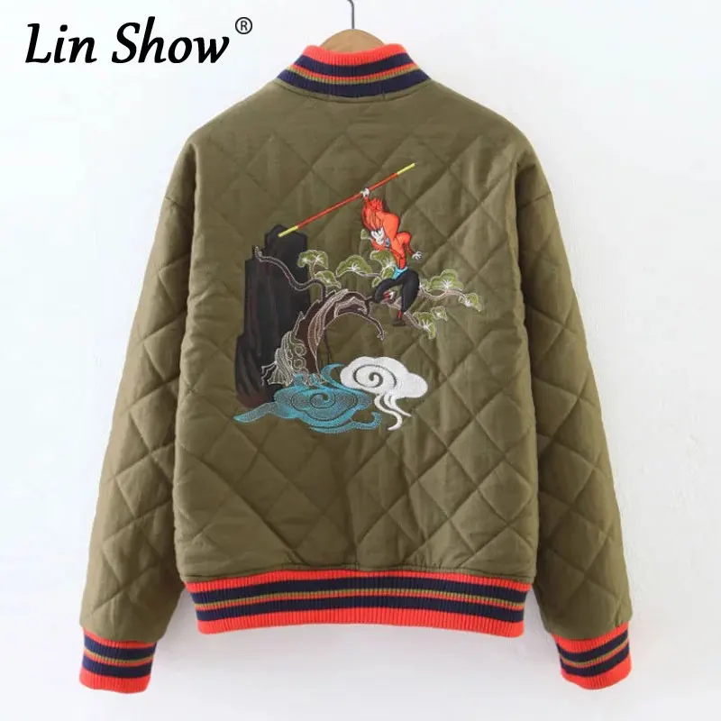 Linshow Армейский зеленый Для женщин куртка бомбер Куртки Животные вышитые мягкий
