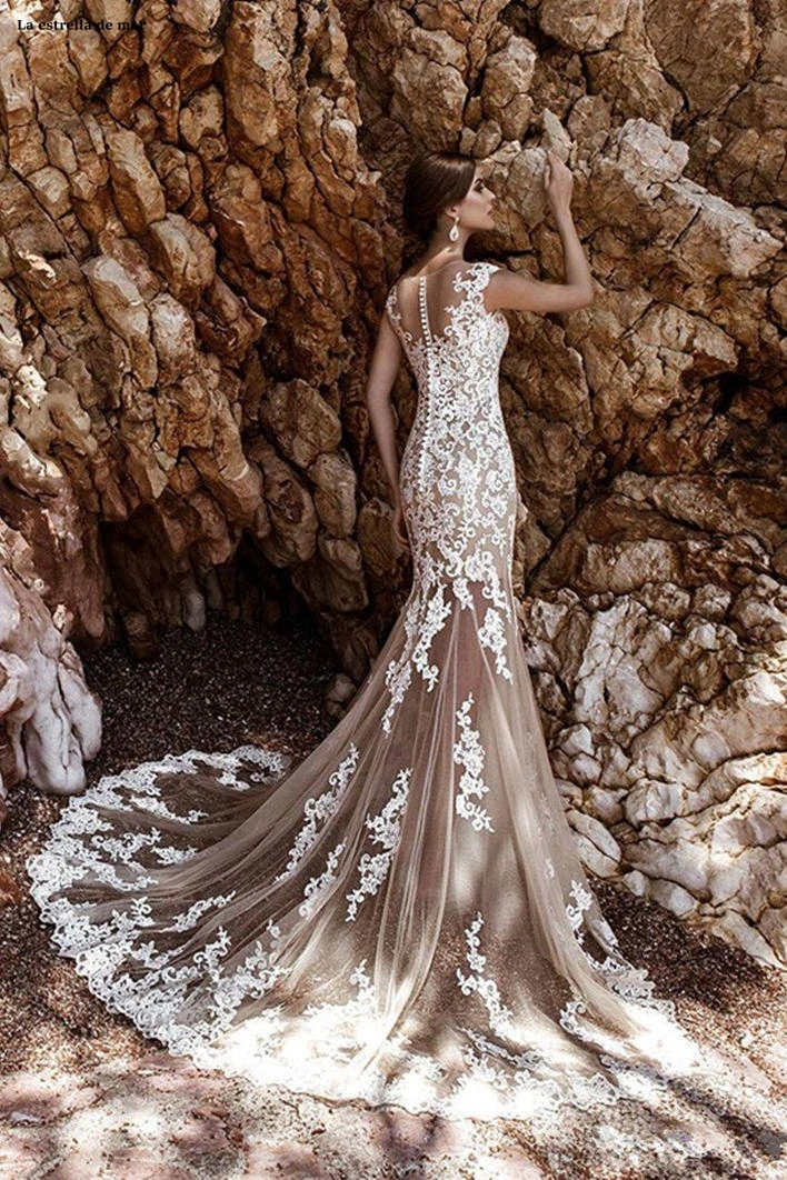 vestidos de novia corte sirena2020 new lace champagne beach style wedding dress detachable skirt gelinlik amanda novias bridal | Свадьбы и