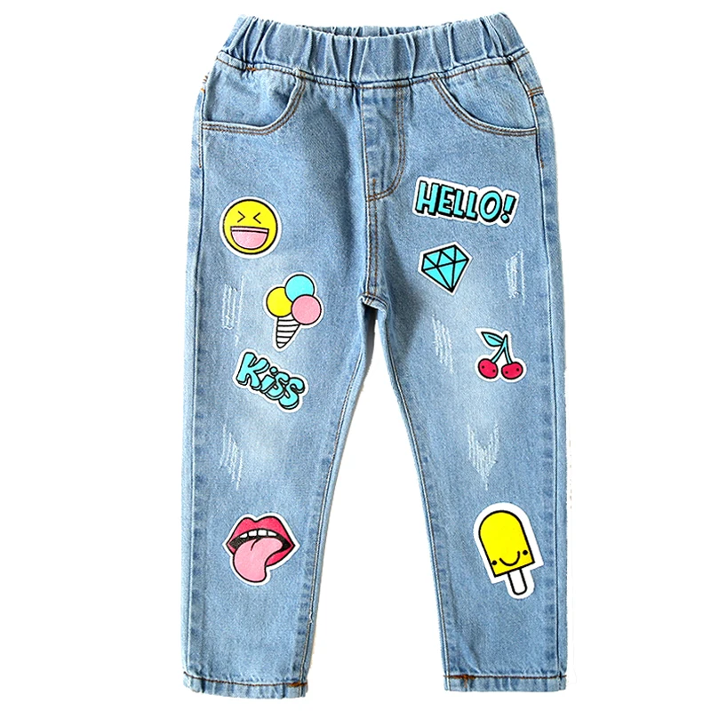 

Girls fashion jeans 2021 new spring baby cartoon printing trousers children's casual pants