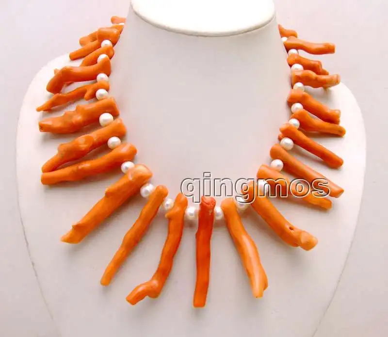 Qingmos Big 8*70mm GENUINE Pink Branch shape Coral and 8-9mm White Pearl 18&quot Necklace-nec6162 Wholesale/retail Free shipping | Украшения