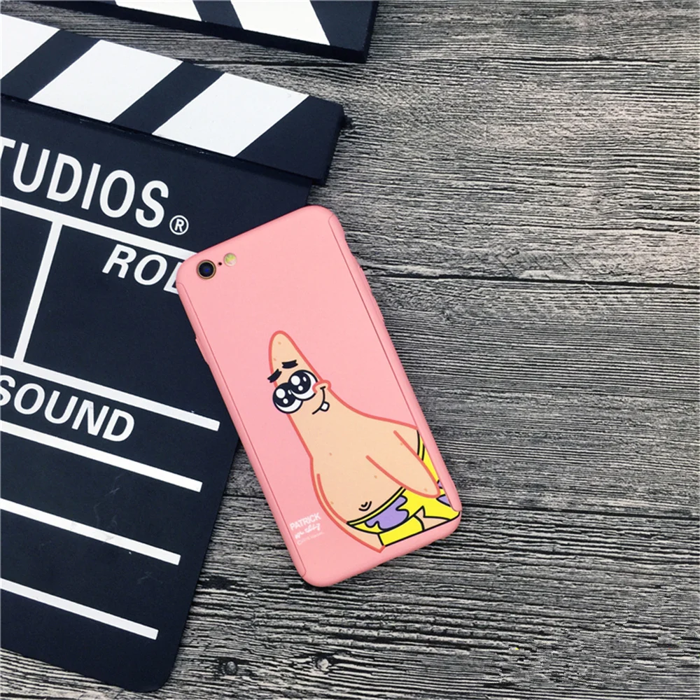 360 Full Protective Cover Phone Case + Glass For iPhone XR XS MAX 7 8 6 6S Plus Back SpongeBob Patrick Star |