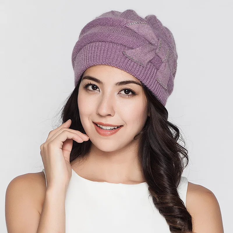 purple Charles Perra, женские вязаные шапки, зимние, утепленные, двухслойные, элегантные, повседневные, из кроличьей шерсти, женская шапка, женские шапочки, D304 - Цвет: purple