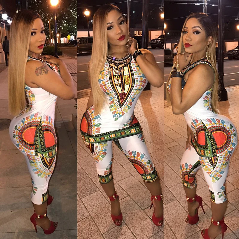 2017 Summer New African Printing National Two Piece Set Sexy Women Sleeveless O-Neck T-shirt + Pencil Pants Fashion Sets | Женская