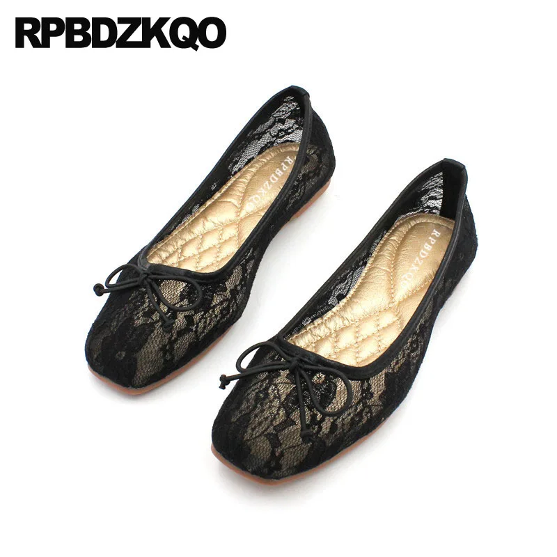 

Shoes Bow Large Size Square Toe Breathable Lace 2021 Black Women Korean Chinese Ballerina Slip On Chic Foldable Ballet Flats