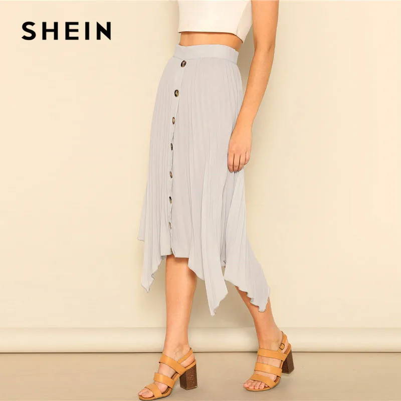 SHEIN серая плиссированная юбка с пуговицами спереди, женская летняя повседневная однотонная асимметричная юбка миди со средней талией