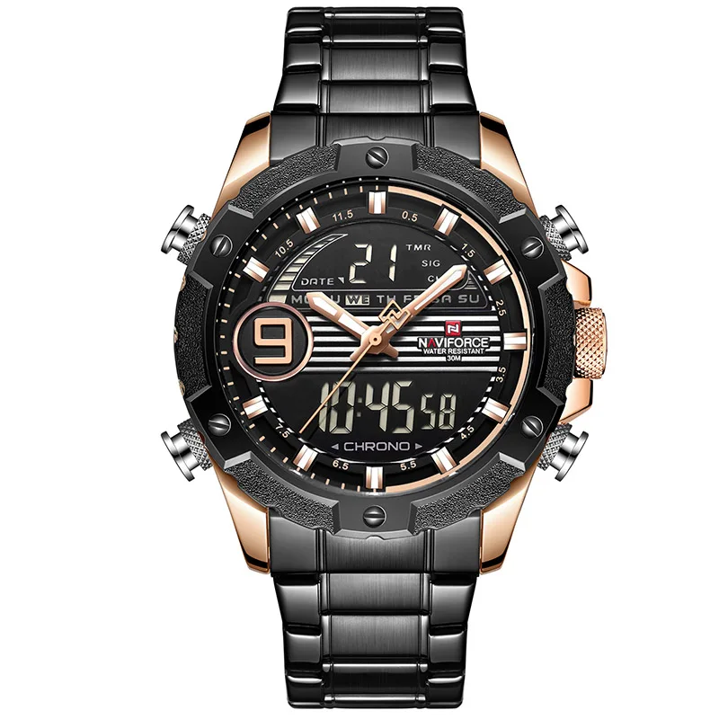 Gold Black Топ люксовый бренд NAVIFORCE мужские спортивные часы мужские кварцевые цифровые аналоговые часы мужские модные полностью стальные водонепроницаемые наручные часы - Цвет: Gold Black