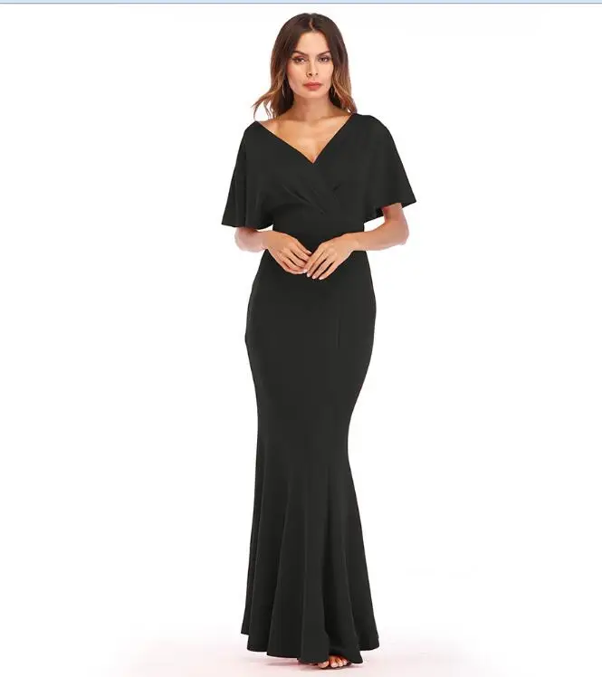 A2277 Black Berydress элегантное вечернее женское платье с v-образным вырезом и расклешенными рукавами, королевское синее Макси платье с рюшами, красное летнее платье русалки - Цвет: A2277 Black