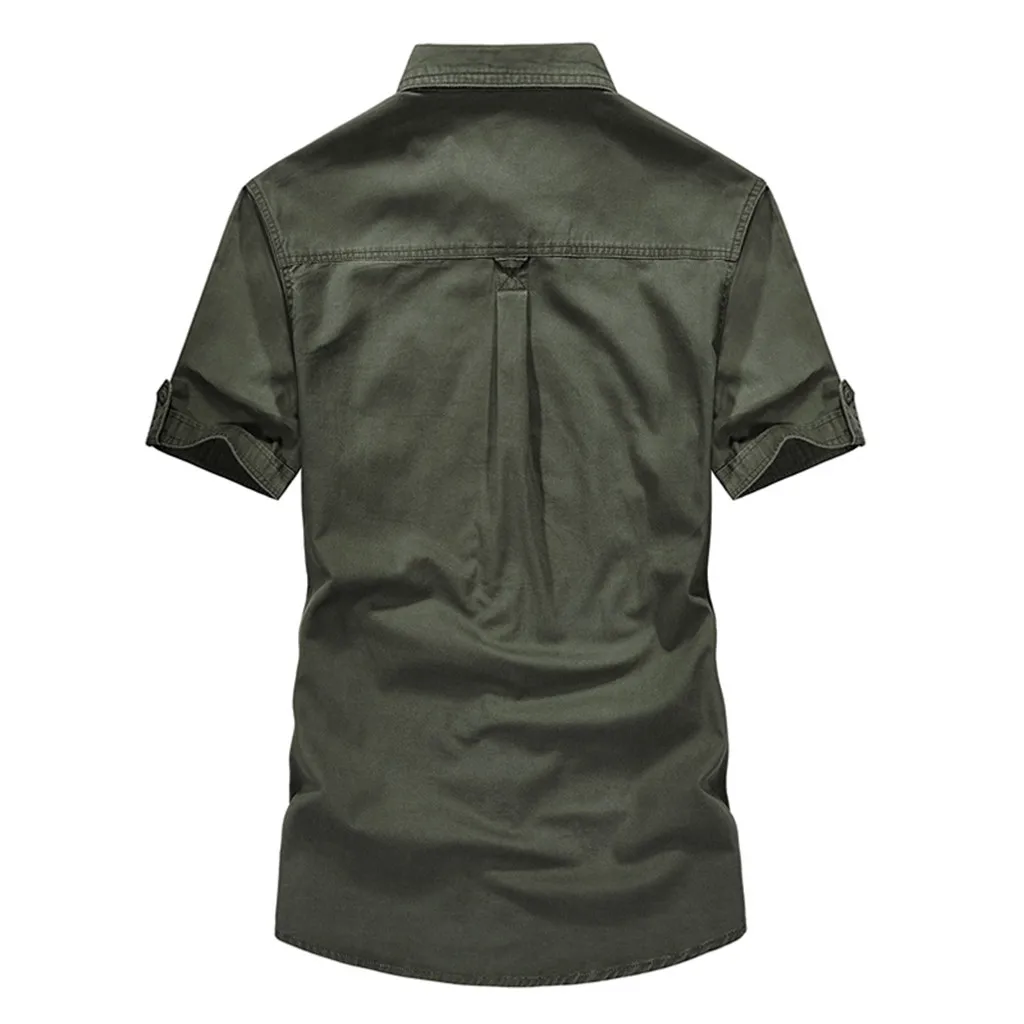 Camisa masculina camisas hombre, мужские повседневные топы с коротким рукавом и вышитыми карманами в стиле милитари, чистый цвет, мужская рубашка