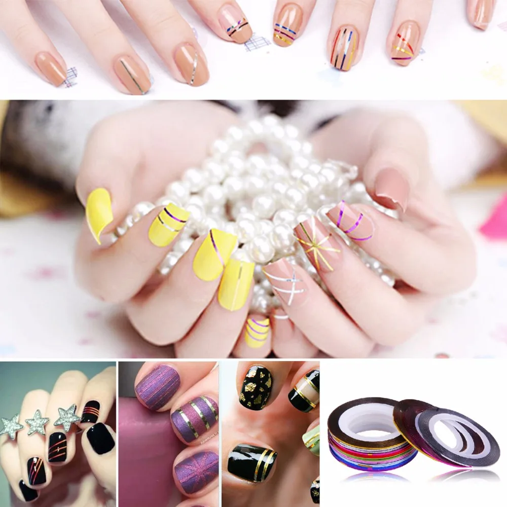

3D Nail Rhinestones + Mixed Colors Nail Rolls Striping Tape Line + Acrylic Nail Art Painting Dotting Pen Nail Art Decoration