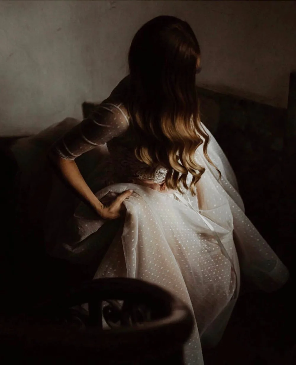 Vestido de Noiva/, винтажное кружевное свадебное платье трапециевидной формы цвета шампанского, эффектное с открытой спинкой и аппликацией, полурукав, бохо, свадебное платье