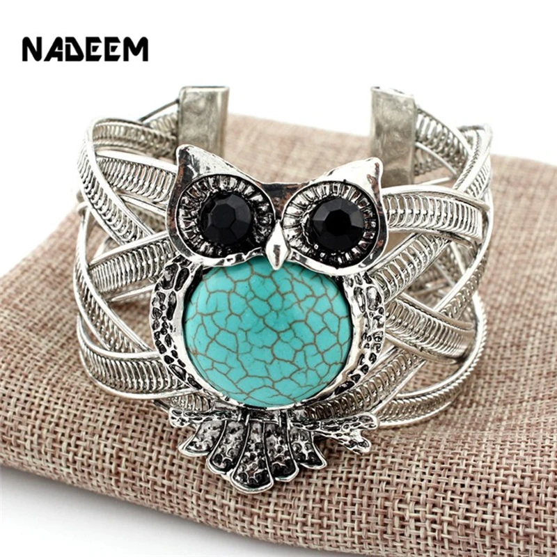Women Bohemian Retro Vintage Tibet Silver Color Bracelet Owl Shape Howlite Charm Open Cuff Bracelets Boho Jewelry