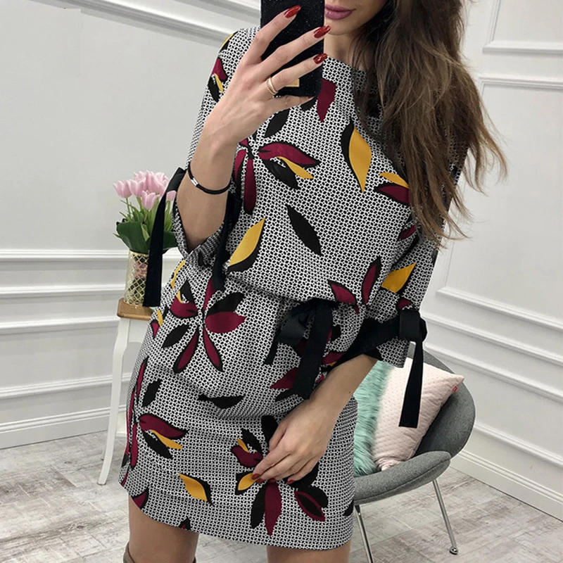 ELSVIOS/женские Платья с цветочным принтом милый мини-сарафан бантом и круглым