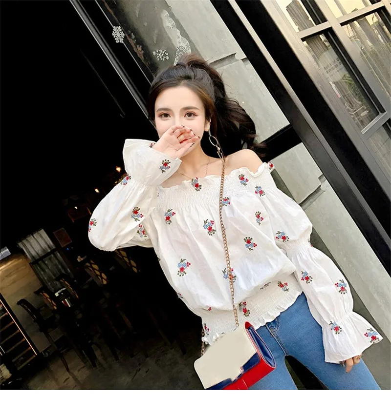 Neploe Blusa Feminina Цветочная вышивка; белый цвет Блузка Летняя женская рубашка корейские пышные рукава с открытыми плечами женские топы 35443