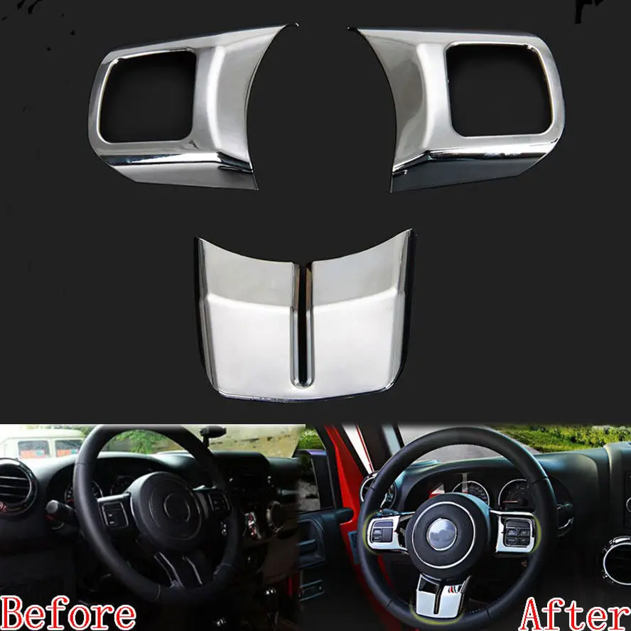 

BBQ@FUKA 3Pcs Chrome Car Interior Steering Wheel Cover Trim Sticker Fit For Jeep Patriot Compass Wrangler 11-2015 Car Accessory