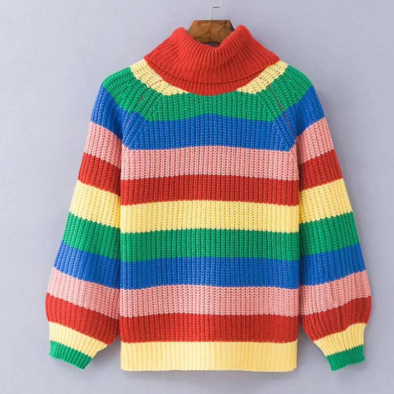 Фото 2019 new women's sweaters color striped knit coats pullover loose large size sweater lantrn sleeve youth casual autumn winter Женская 2019 new women's sweaters color striped knit coats pullover loose large size sweater lantrn sleeve youth casual autumn winter Женская