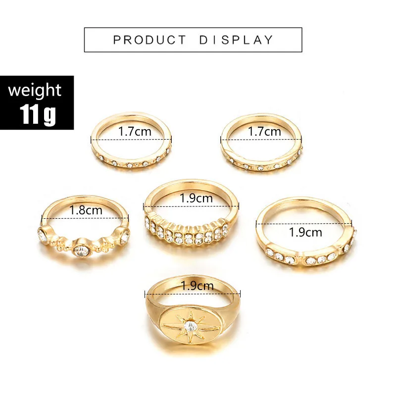 Bohemia Gold Color Crystal Finger Ring Set For Women Girls Cubic Zirconia Geometric Wedding Band Rings Fashion Anillos Bijoux | Украшения и