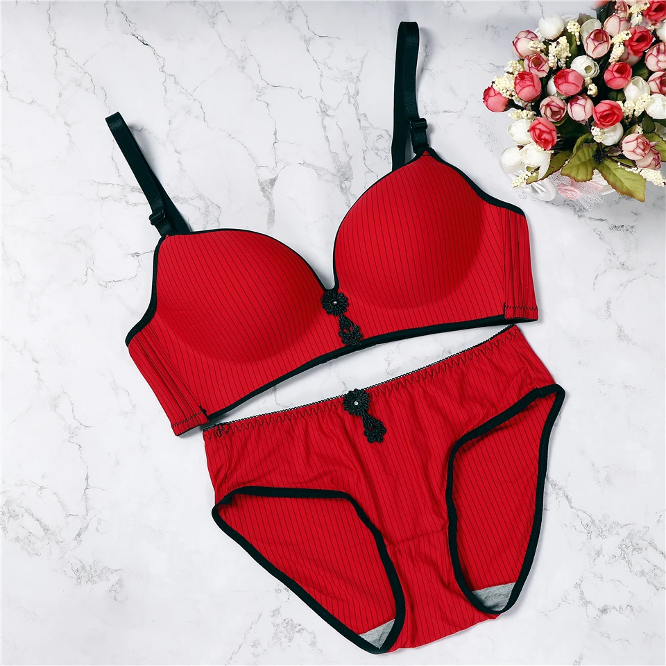 2018 women's underwear set push up wire free soft bow lingerie seamless breathable stripes bra and panties | Женская одежда
